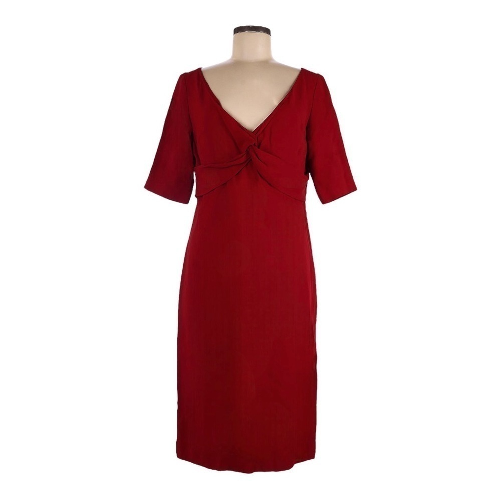 Doncaster Twist Front Short Sleeve Solid Red Midi Dress Size 8 V-Neck